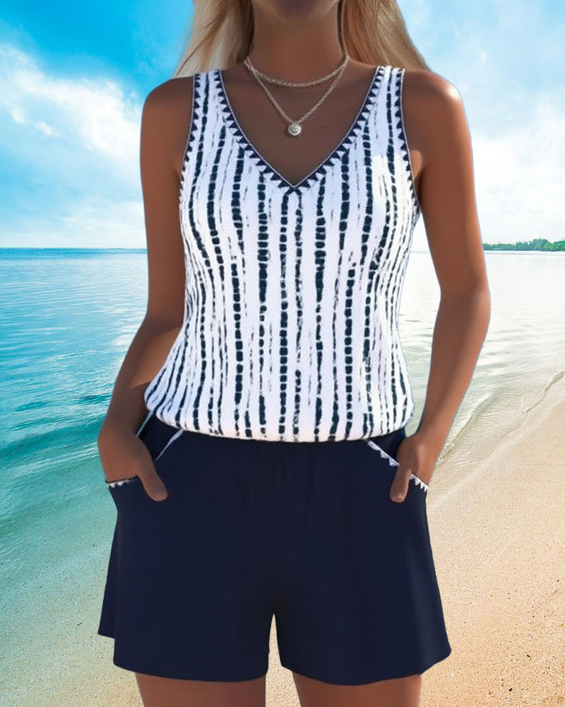 Tweedelige casual bikini met zakken en V-hals en print