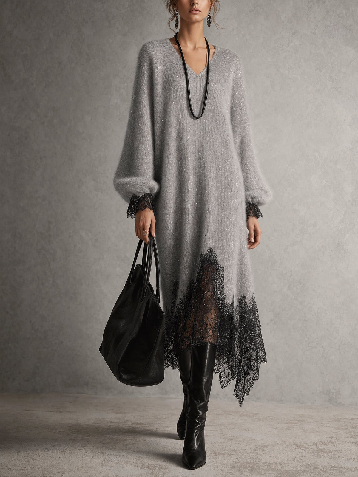 Robe midi en maille grise à détails en dentelle