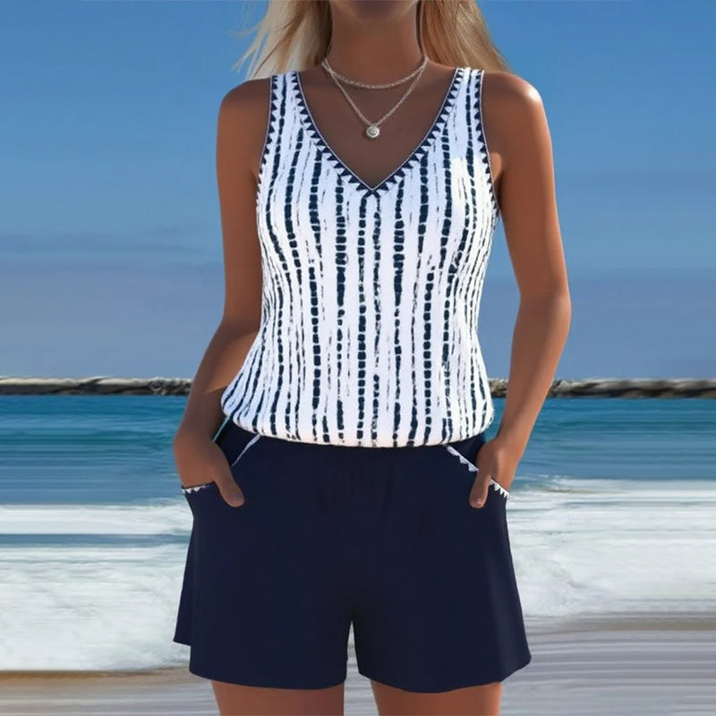 Tweedelige casual bikini met zakken en V-hals en print