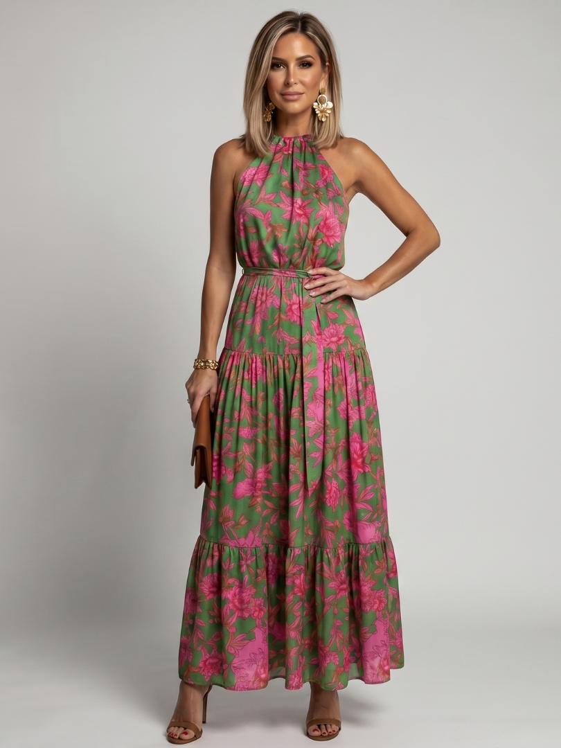 Draperede midijurk in het roze met elegante halterhals