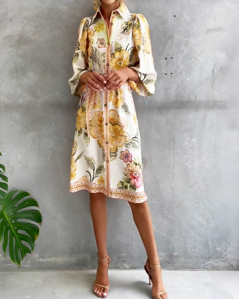Robe Manche Lanterne Col Cranté Imprimé