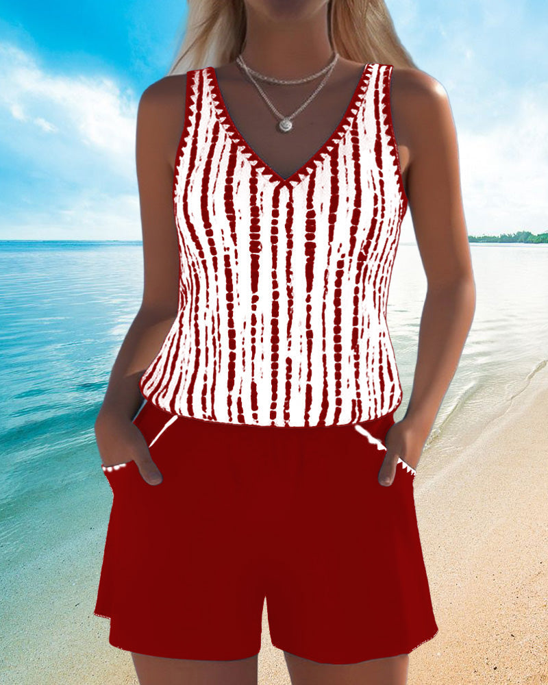 Tweedelige casual bikini met zakken en V-hals en print