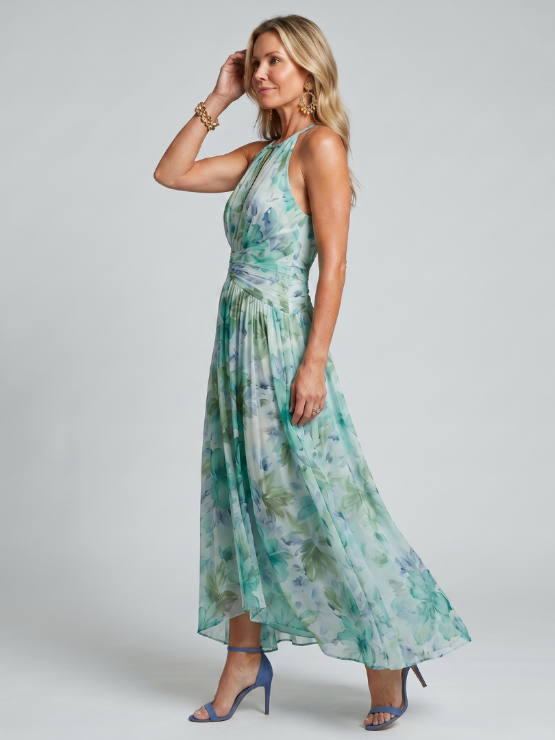 Portia midi-jurk van geplooid crêpe met halternek en bloemenprint