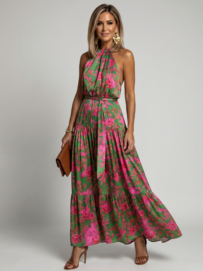 Draperede midijurk in het roze met elegante halterhals