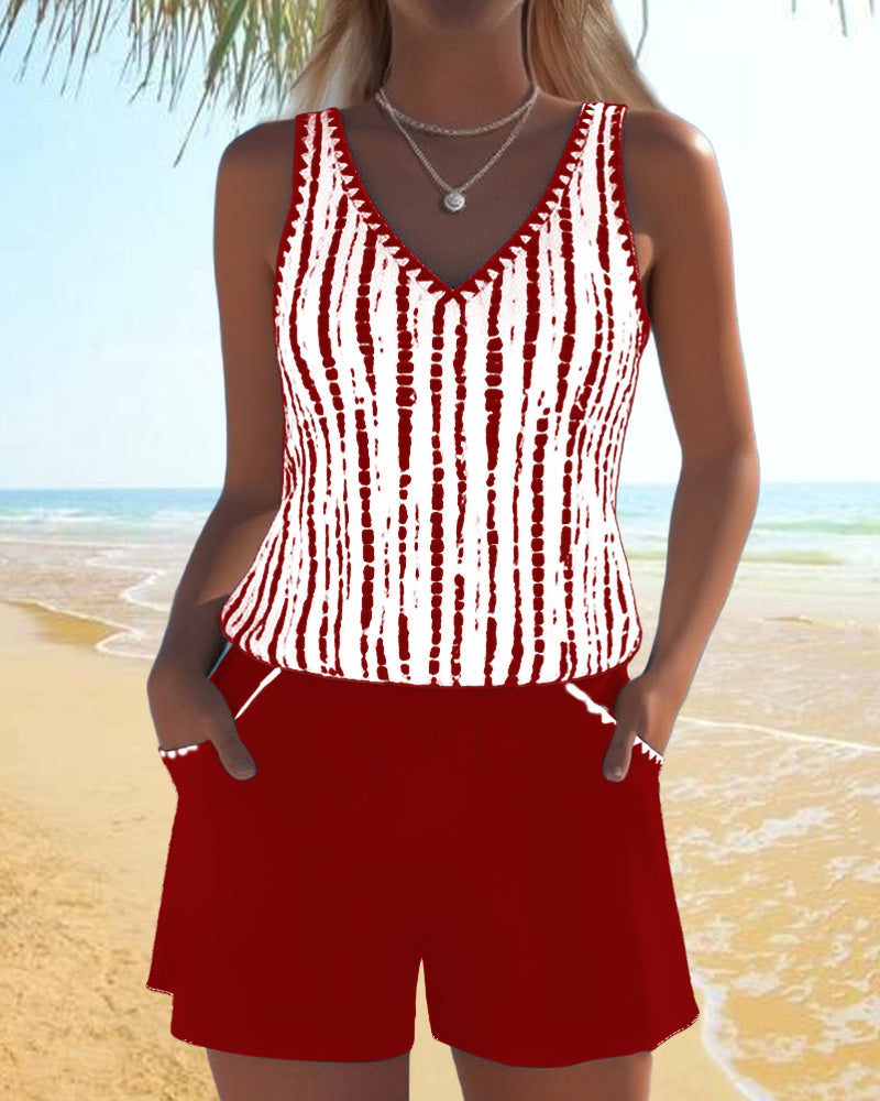 Tweedelige casual bikini met zakken en V-hals en print