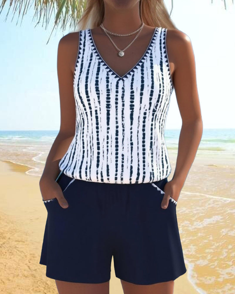 Tweedelige casual bikini met zakken en V-hals en print