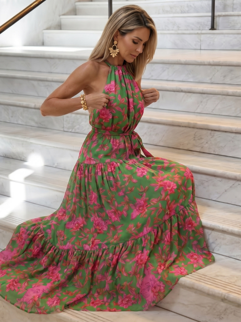 Draperede midijurk in het roze met elegante halterhals