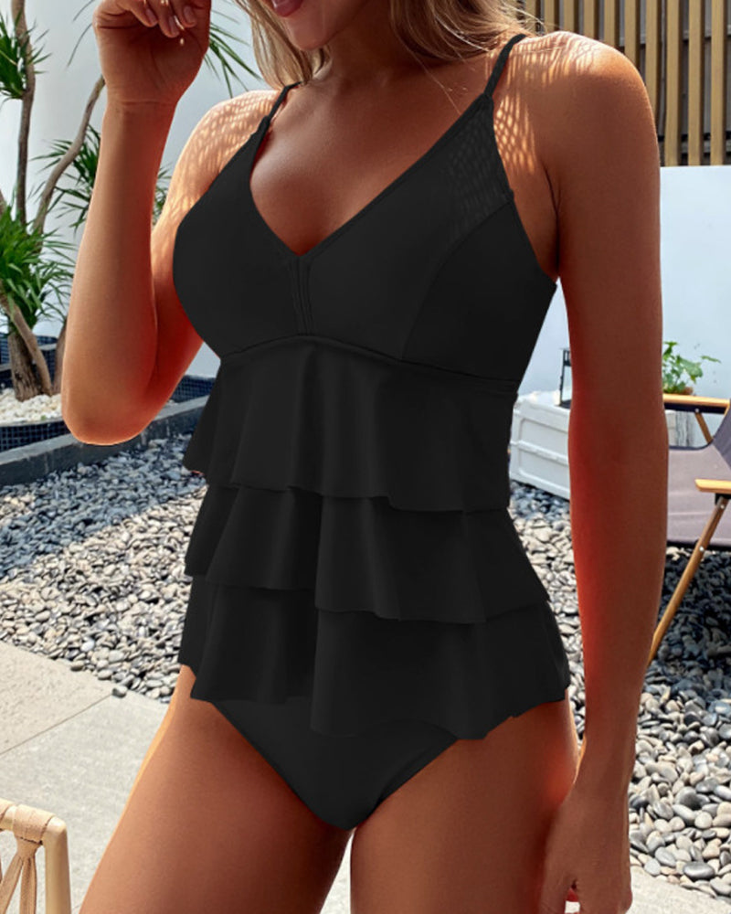 Tankini met split en ruches in effen kleur