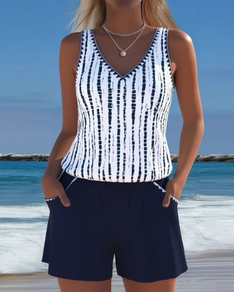 Tweedelige casual bikini met zakken en V-hals en print