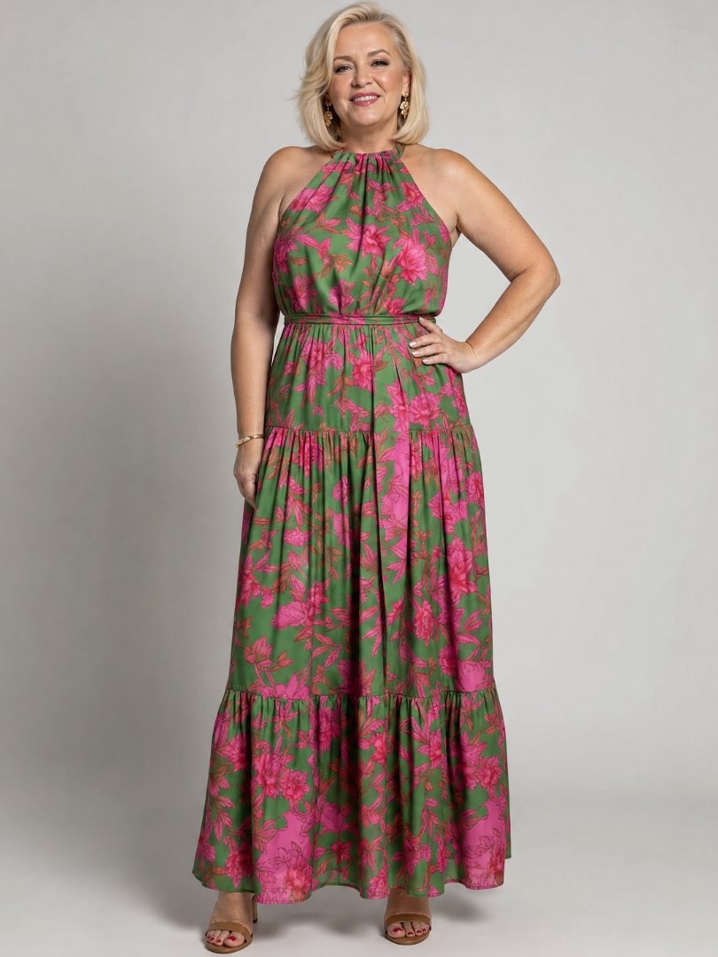 Draperede midijurk in het roze met elegante halterhals