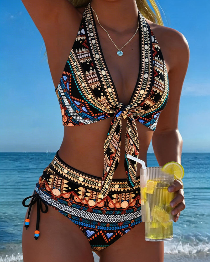 Geometrische boho-bikini met halternek