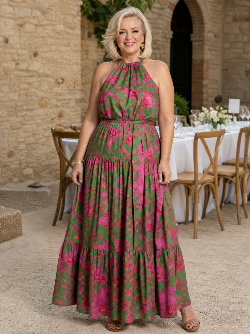 Draperede midijurk in het roze met elegante halterhals