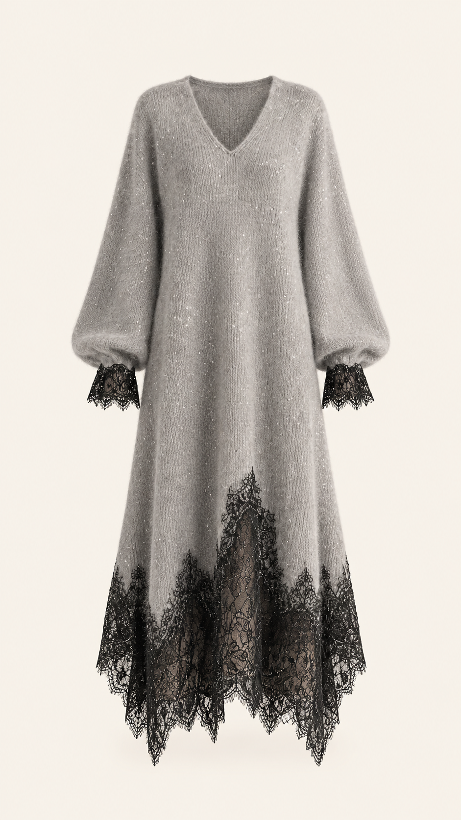 Robe midi en maille grise à détails en dentelle