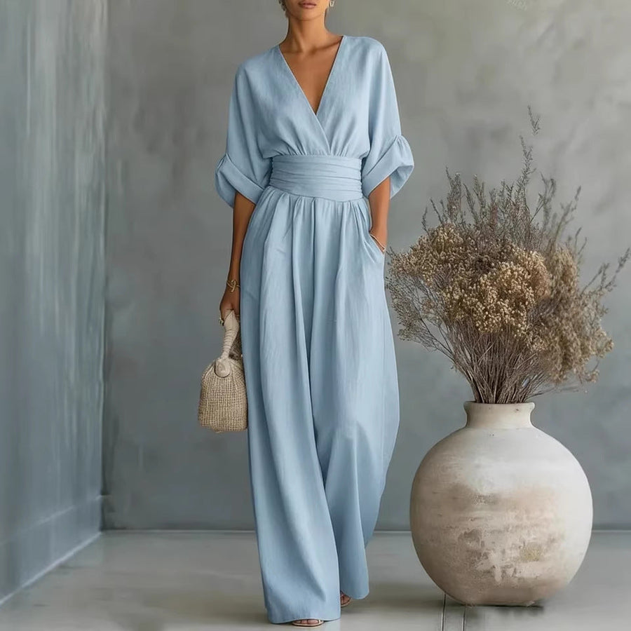 Elegante V-halsjurk, rugvrij met zwierige mouwen - Maison Claire et Sylvie