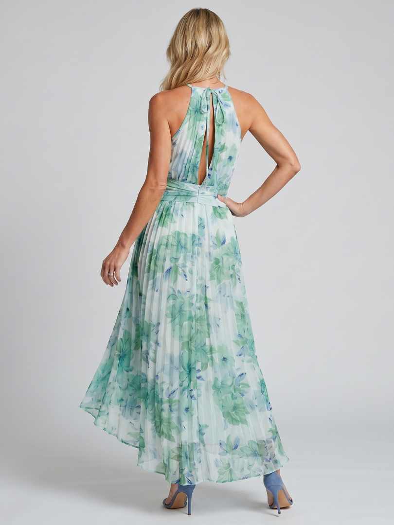 Portia midi-jurk van geplooid crêpe met halternek en bloemenprint