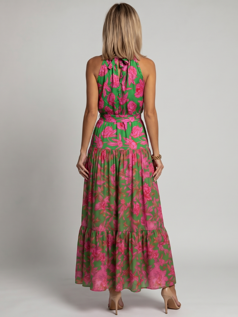 Draperede midijurk in het roze met elegante halterhals