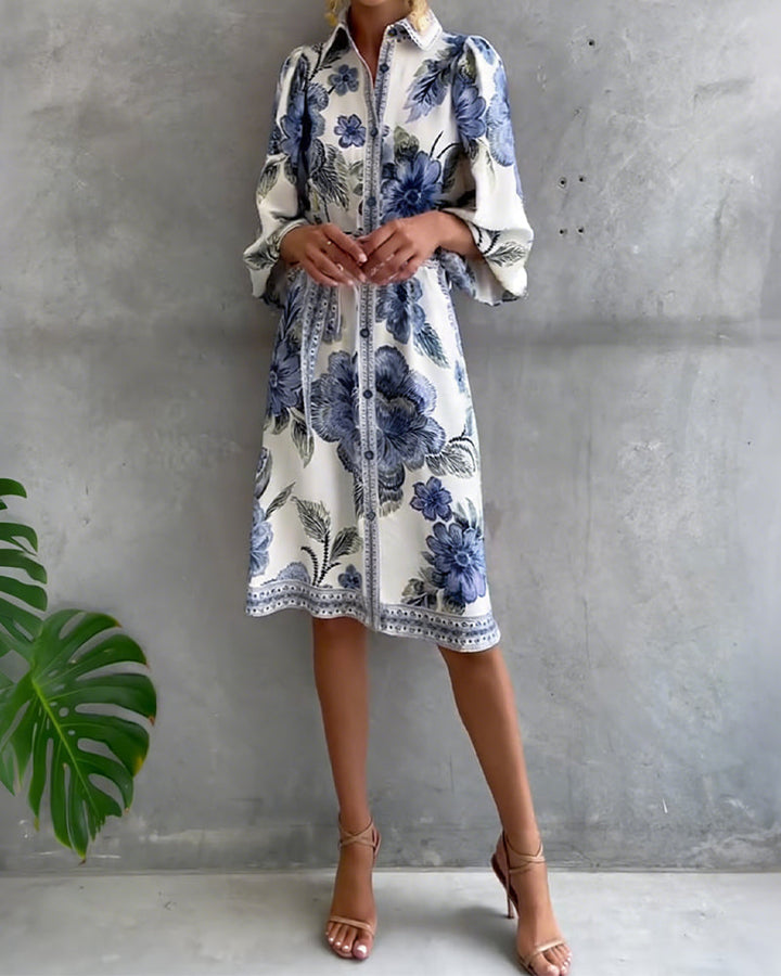 Robe Manche Lanterne Col Cranté Imprimé