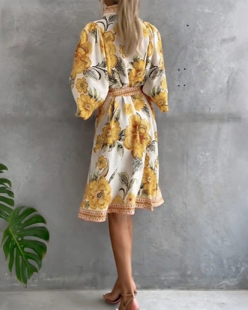 Robe Manche Lanterne Col Cranté Imprimé