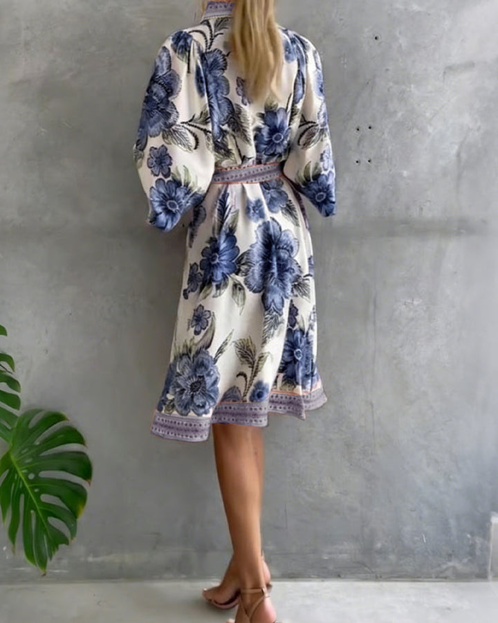 Robe Manche Lanterne Col Cranté Imprimé