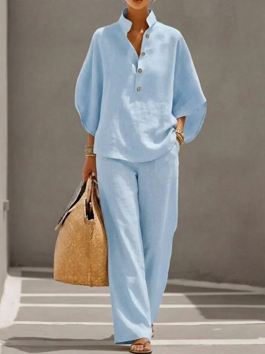 Maribel | Ensemble en lin à manches chauve-souris et pantalon large