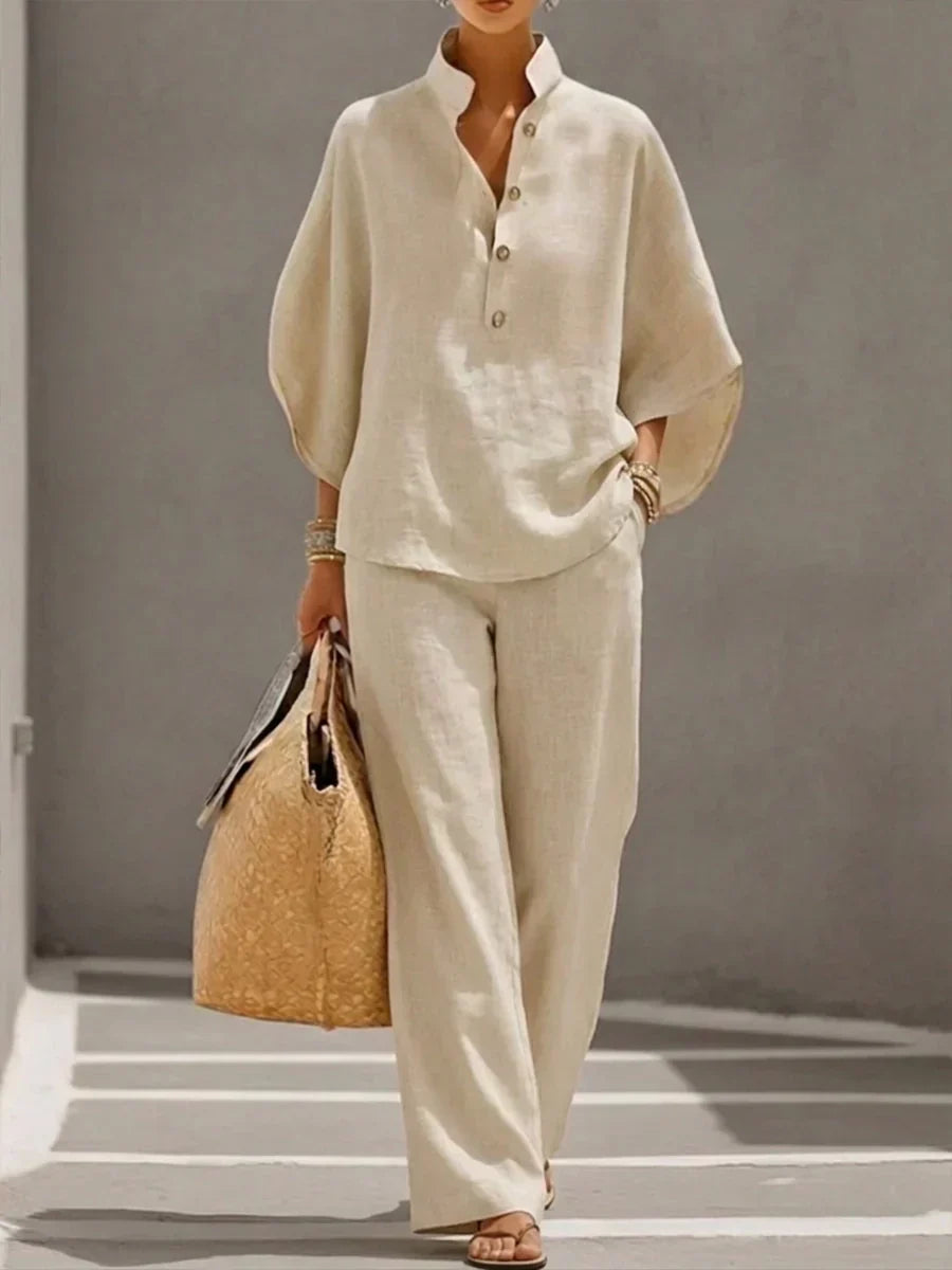 Maribel | Ensemble en lin à manches chauve-souris et pantalon large